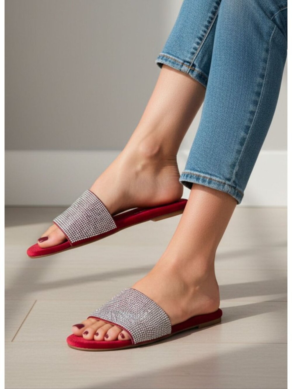 Rhinestone Embellished Wine Slide Sandals By Shoe Republic LA Womens
